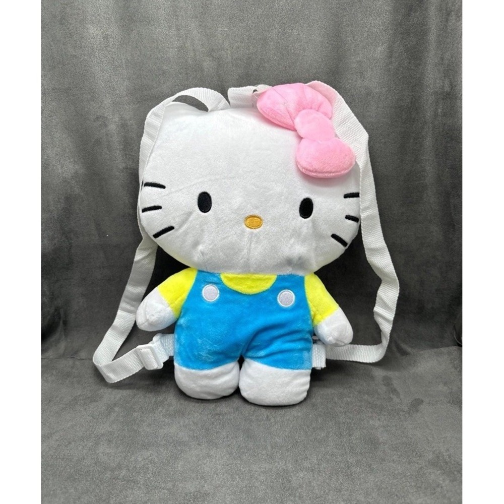 Sanrio Hello Kitty Plush Backpack Blue Overalls & Pink Bow